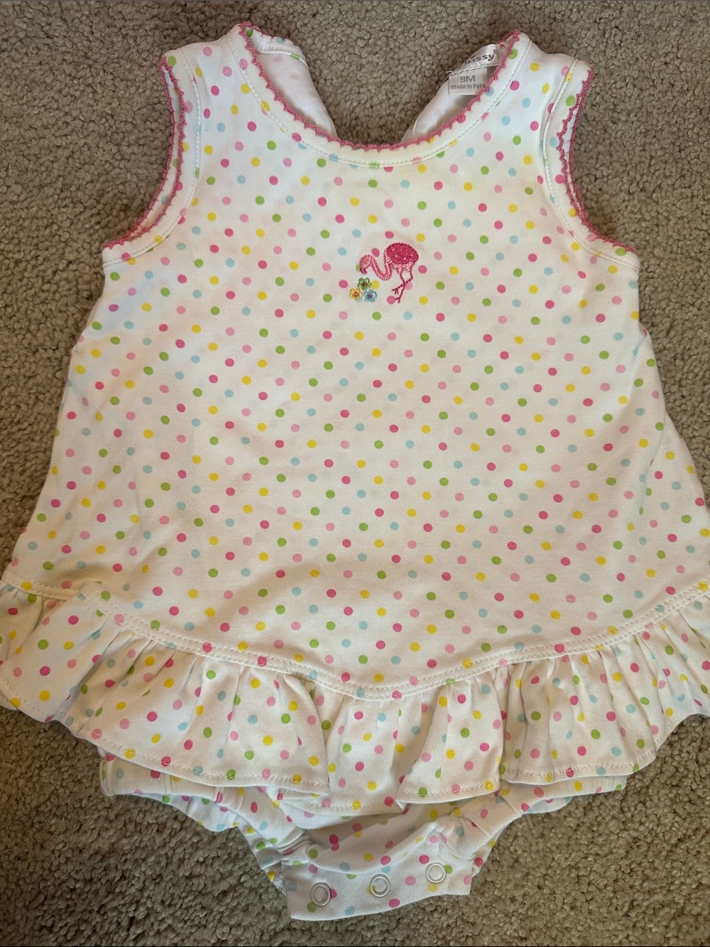 Kissy Kissy White Polka Dot Ruffle Romper with Pink Flamingo